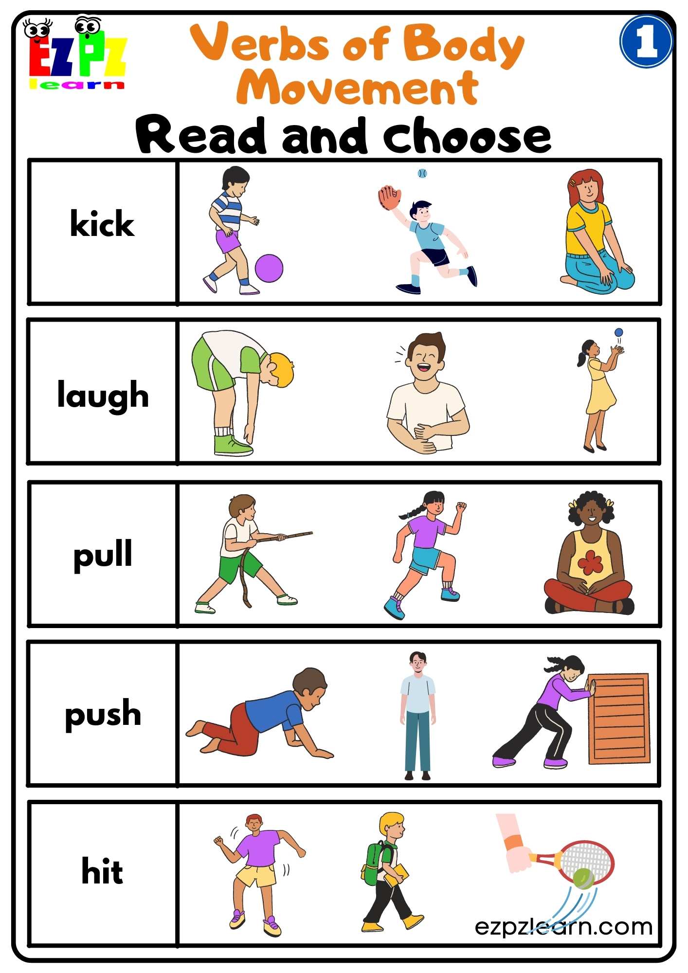 Group 1 Verbs of Body Movement Read and Choose free PDF Download for Parents and ESL Teachers